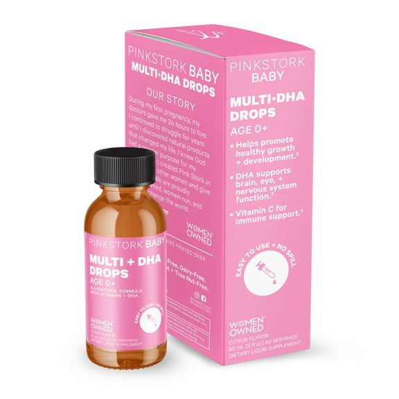 Pink Stork Baby Multi   DHA Baby Drops: Liquid Multivitamin, Growth & Immune Support, 2 fl oz