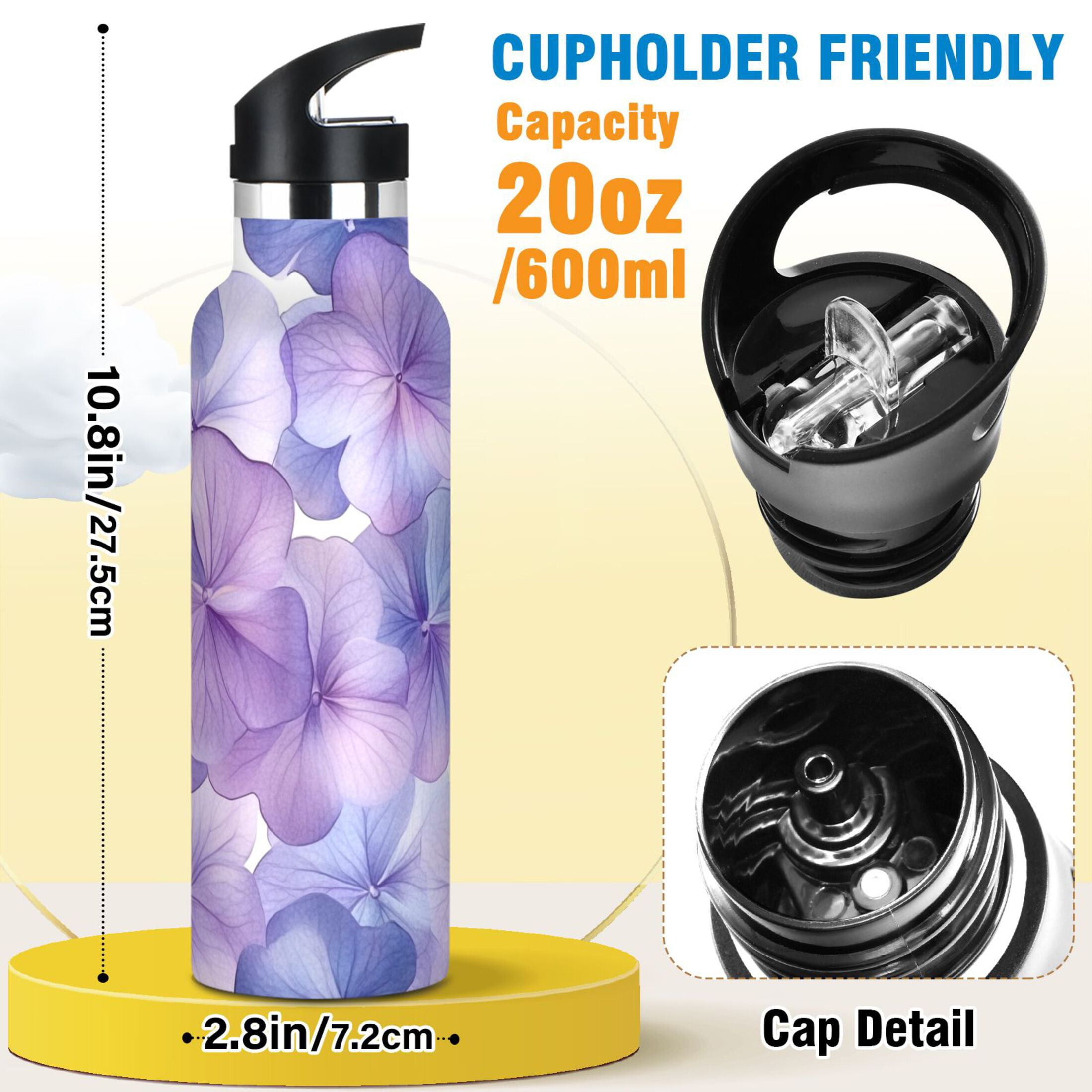 600ML Stainless Steel Insulated Cup Sports Water Bottle Portable Thermos Cup Water Glasses Insulated Tumblers Convenient and Durable Purple Hydrangea