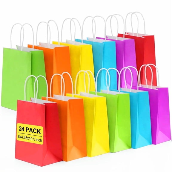 BagDream 24 Pack Small Gift Bags with Handles, 8x4.25x10.5 inch Colorful Rainbow Goodie Favor Bags for Kids Birthday Party, Easter Egg Basket, Baby Shower, Wedding and Celebrations
