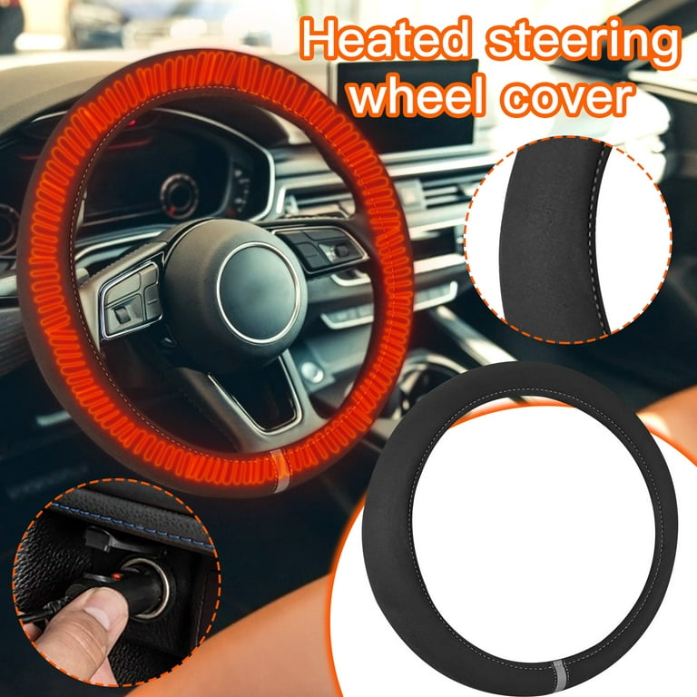 12V Black 15 in Heated Steering Wheel Cover Warm Winter Universal Cars, As Shown 7360