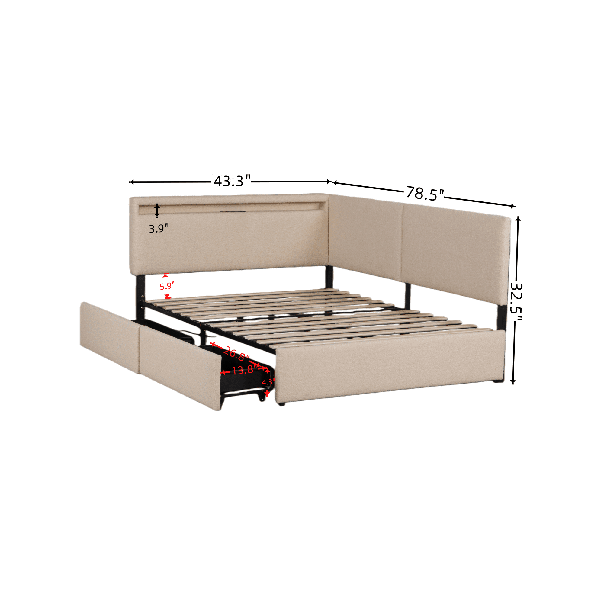 Leumius Twin Size Boucle Bed Frame, Upholstered Cloud Bed Frame with Headboard, 2 Storage Drawers, LED light and USB Charging Design, Solid Wood Legs and Slats for Bedroom Guest Room Beige
