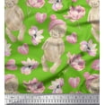 thumbnail image 1 of Soimoi Green Cotton Voile Fabric Bear & Pink Flower Floral Printed Fabric 1 Yard 56 Inch Wide, 1 of 3