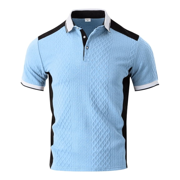 IWRICH Men's Jacquard Textured Short Sleeve Polo Shirts Button up Color Blocking Tops V Neck Casual Summer Basic Tops Light Blue XL