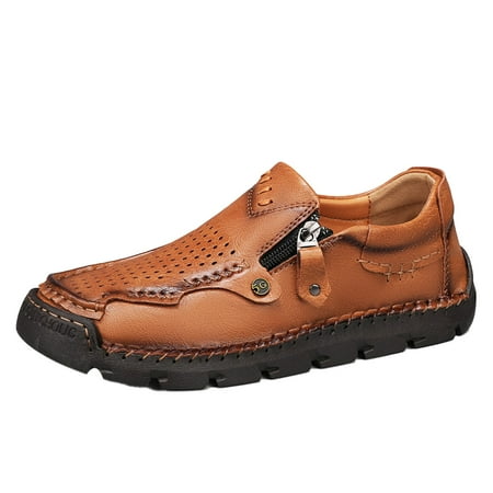 Men s Casual Leather Shoes Loafers Slip Walking Comfortable Breathable Driving Lightweight Men Oxford Slip-On Shoes Yellow 6.5 US