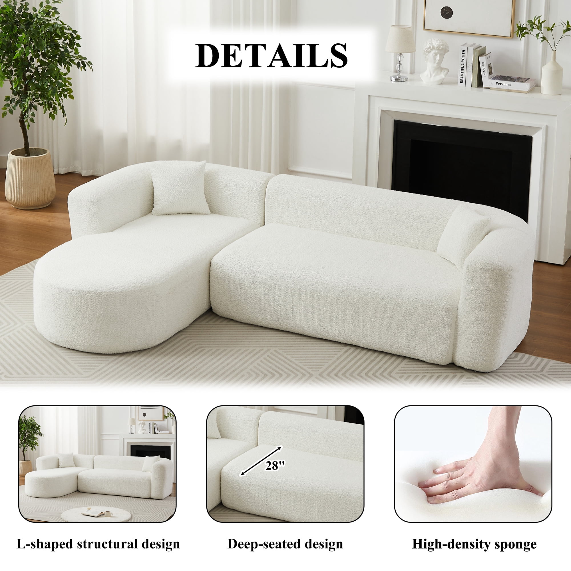 Leumius 109.4" Modern L-Shape Modular Sectional Sofa, Luxury Modern Curved Back Sofa with 2 Throw Pillows, Minimalist Boneless Cloud Couch Beige