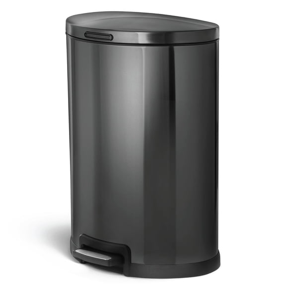 Home Zone Living 12 Gallon Semi-Round Stainless Steel Kitchen Trash Can with Step Pedal and Soft Close Lid, Black