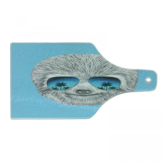 Sloth Cutting Board, Portrait of Sloth with Mirror Sunglasses Exotic Palm Trees Hawaiian Beach Hipster, Tempered Glass Cutting and Serving Board, Wine Bottle Shape, Grey Blue Aqua, by Ambesonne
