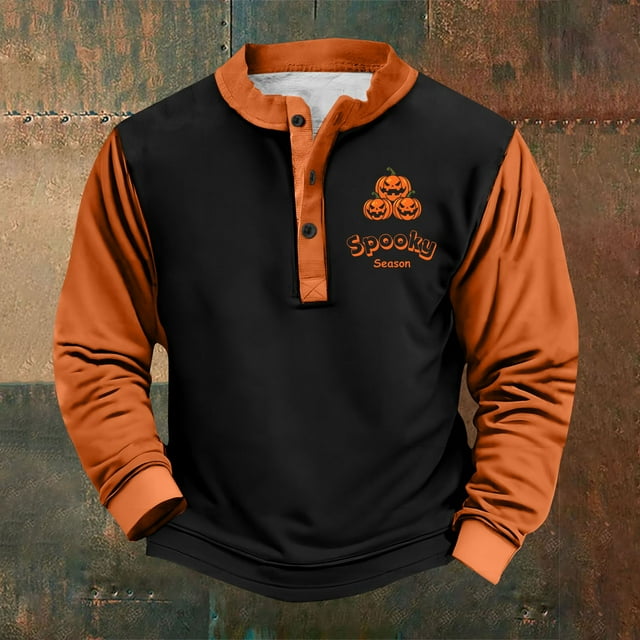 Men's Retro Halloween Quarter Button Collar Sweatshirt Haunted House Acting Essential Partially Buttoned Pullover Vintage Horror Print Last-Minute Halloween Party
