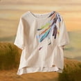 thumbnail image 6 of Women's Crinkle Cotton Feather Print T-Shirt Casual Round Neck Short Sleeve Boho Blouse Top, 6 of 6
