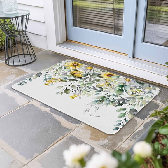 Flowers Eucalyptus Door Mat Indoor Outdoor,Rustic Botanical Daisy Leaves Floral Non Slip Welcome Mat with Rubber Backing,Absorbent Fabric Front Door Mats Entryway Rug for Home Patio Entrance 18"x30"