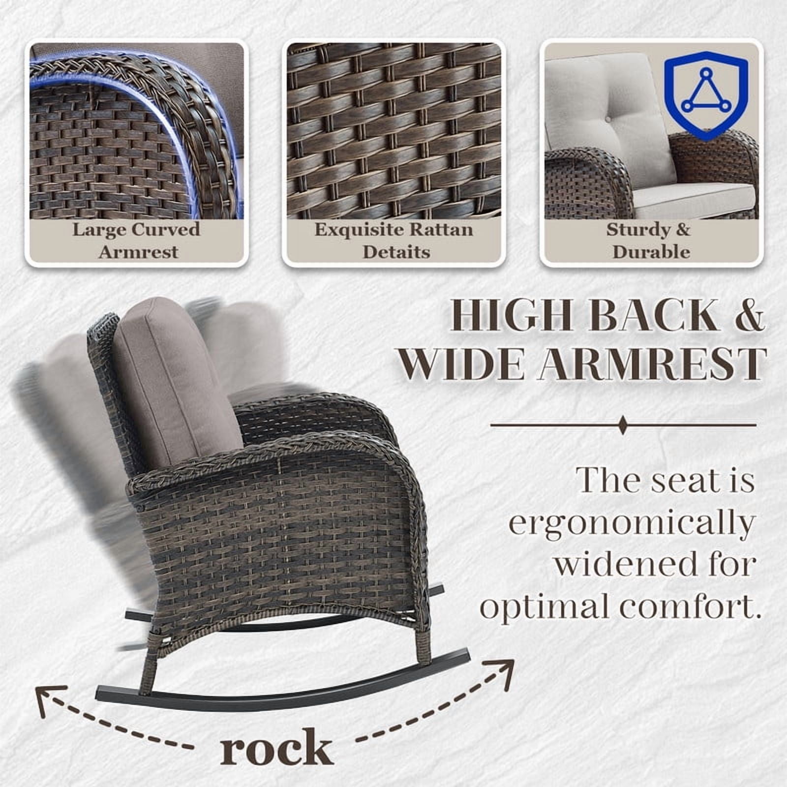 PARKWELL 5 Pieces Outdoor Patio Furniture Set with Fire Pit Table,All Weather Wicker Cushioned Rocking Chairs,Loveseat Glider for Garden Lawn Balcony Porch Deck,Brown/Gray