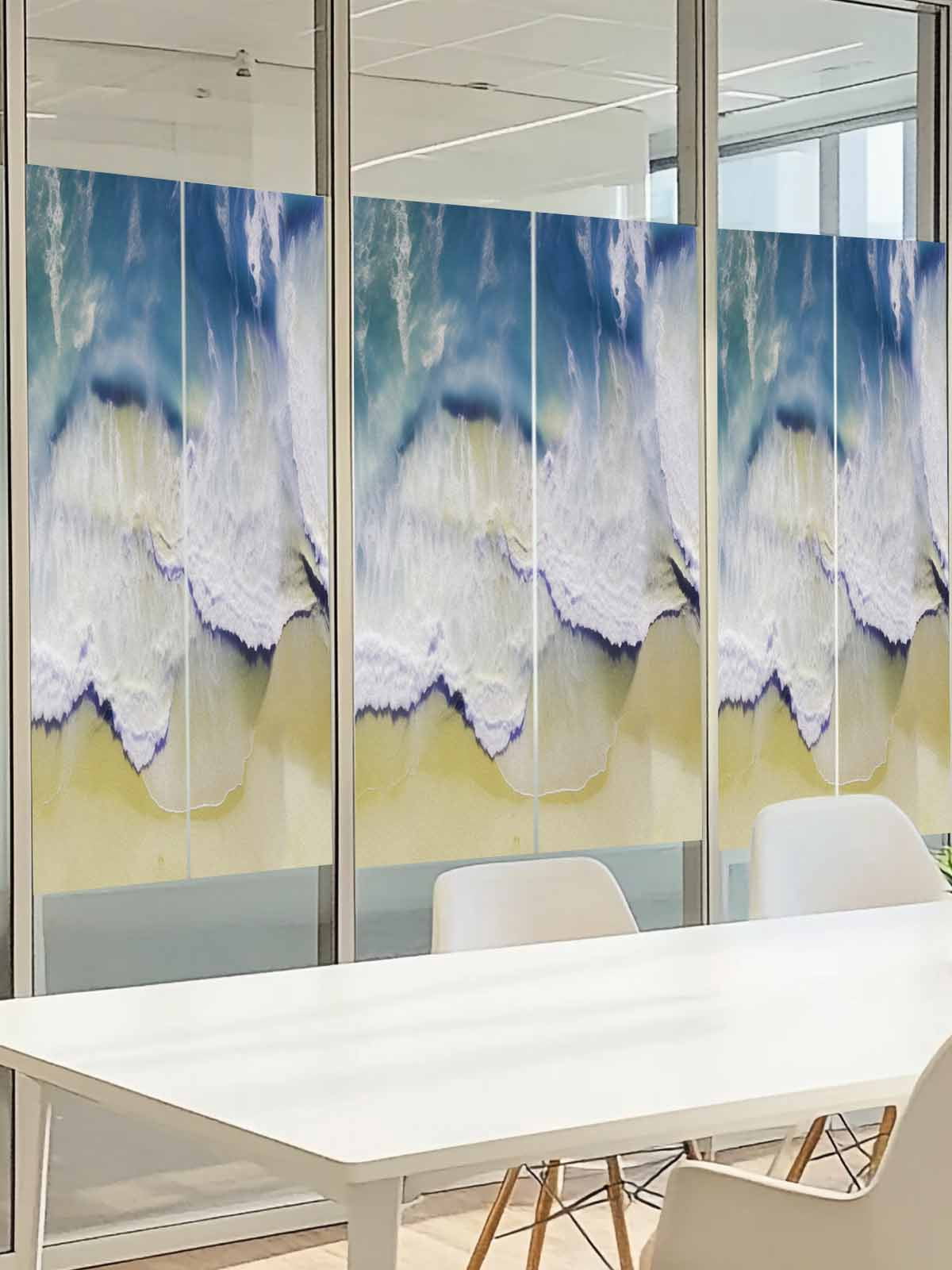 Abstract Summer Window Privacy Film, Ocean Beach Blue Wave Frosted Glass Window Clings Static Cling UV Heat Blocking Reusable Door Sticker for Bathroom 23.6 x 59 Inch