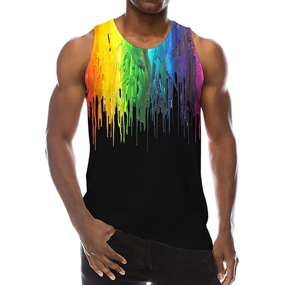 TUOYUAN Mens Rainbow Print Strap Tank Sleeveless Festival Party Gym Summer Top,Black,SIZE:L