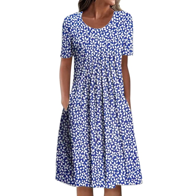 B91xZ Long Robes pour les Femmes à Manches Courtes Décontracté Bouton Swing Bas Midi Robe avec Poches, Bleu L