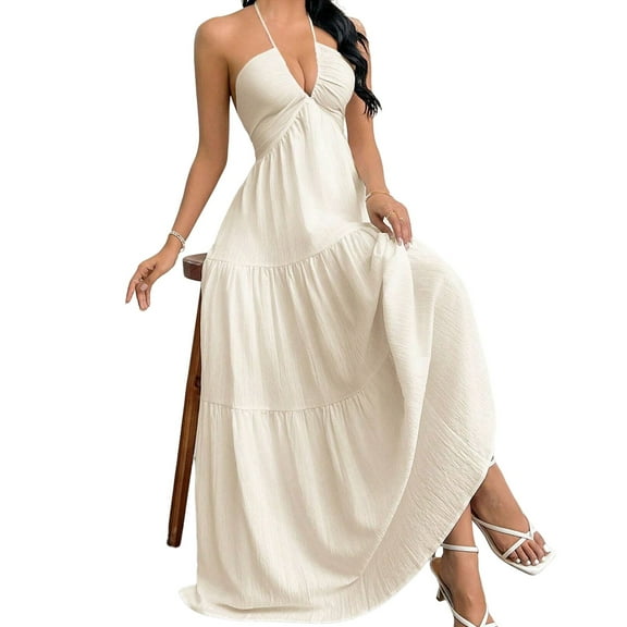 Women's V-neck sleeveless summer maxi dress - Lightweight Halter Neck Summer Dress with A-Line Silhouette