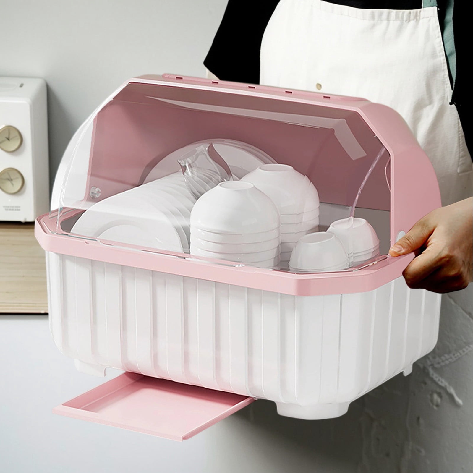 Dish Drying Rack with Lid Kitchen Drainer for Plates, Cups, Bowls Cutlery Covered Dish Rack Organizer for Countertop,Cabinet,Home Hotel Use Durable Tableware Dryer Tray(15.55*11.42*11.81Inch)