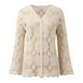 thumbnail image 4 of Womens Cardigan Crochet Lace Hollow Out Button Front V Neck Long Sleeve Knit Crop Sweater Top Lightweight Outwear Coats, 4 of 7