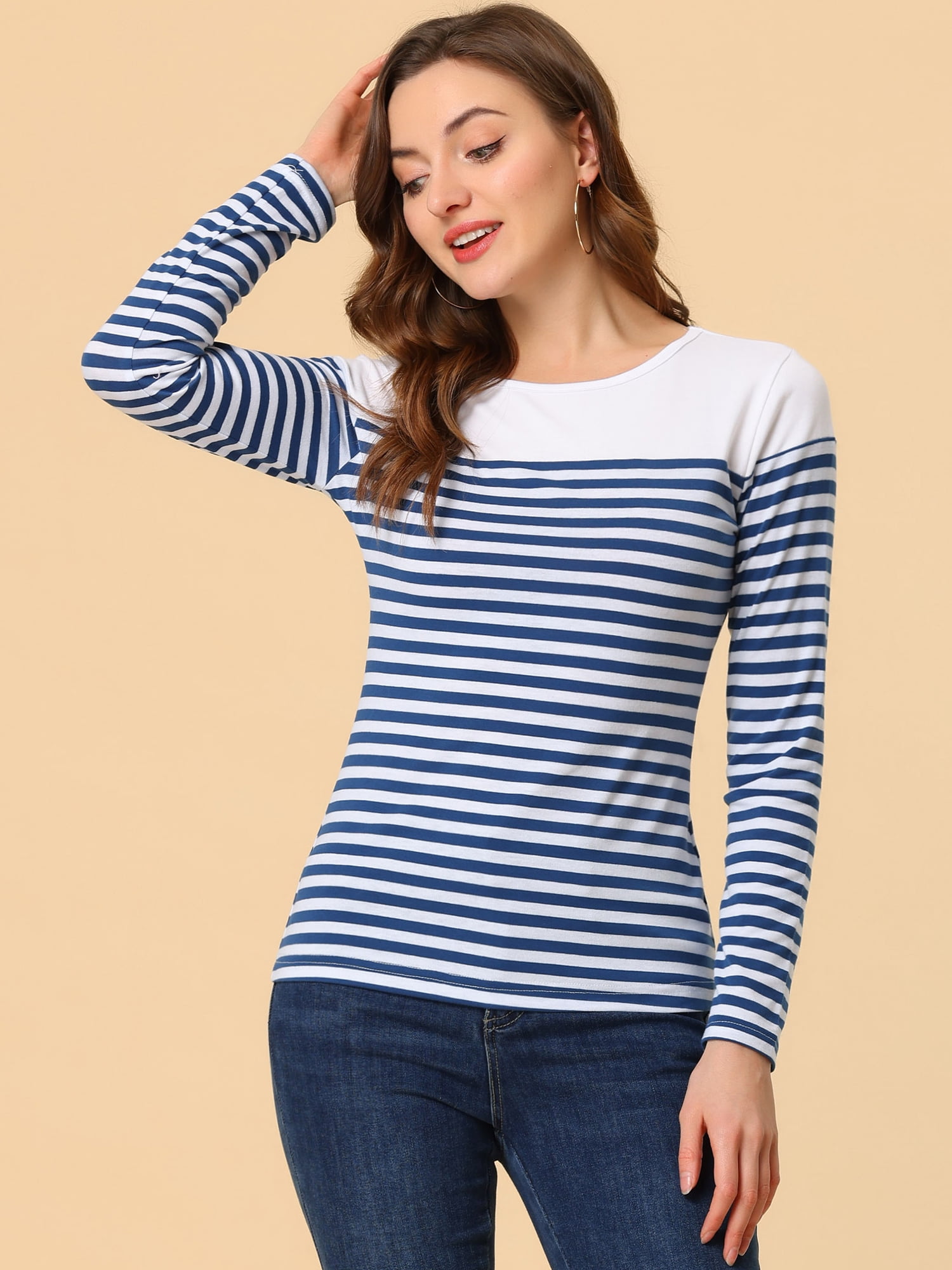 DARING DIVA Women's Color Block Striped Knit Top Long Sleeves T-Shirt M Blue White