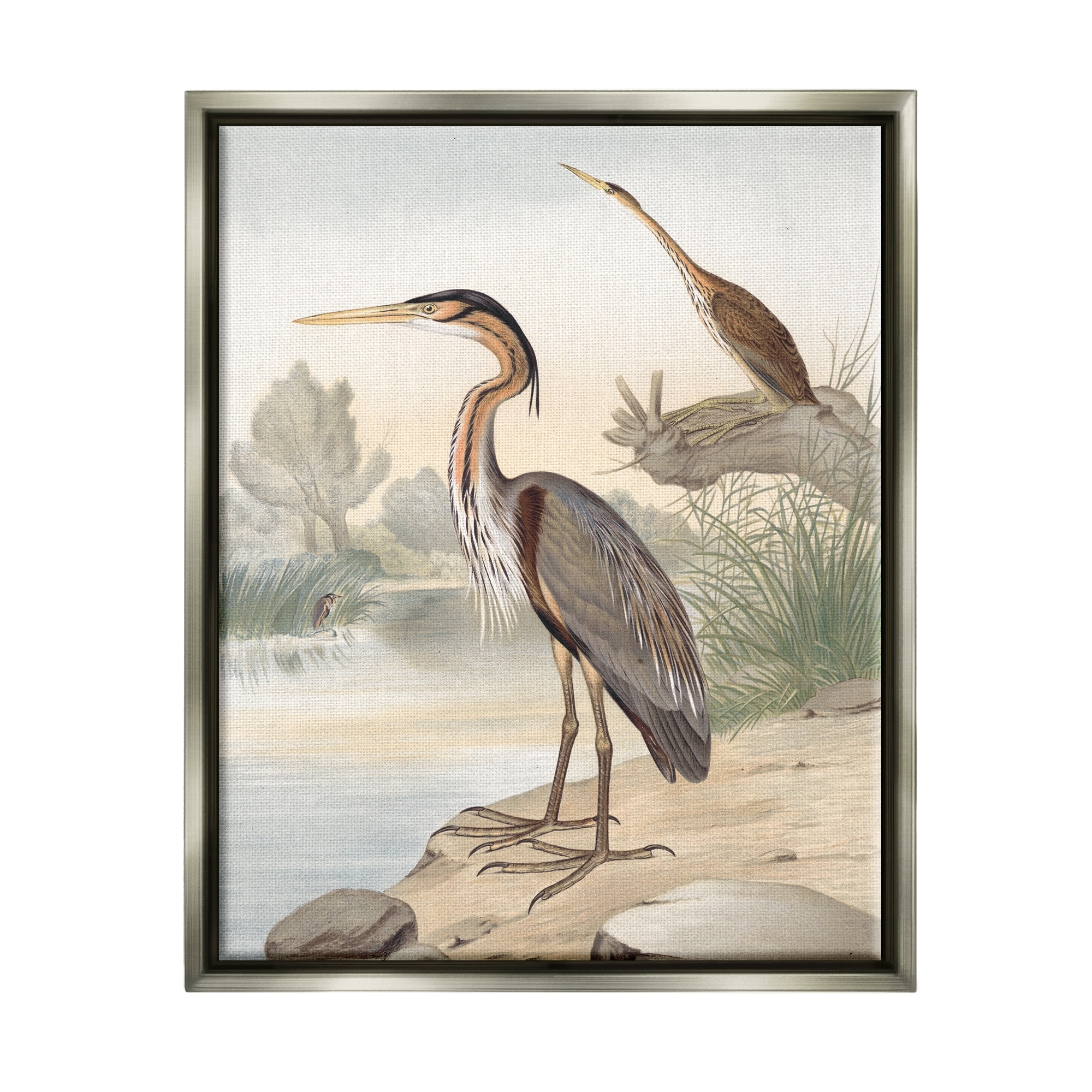 Stupell Industries Wild Heron Birds Perched Scenic Grassy Creek Painting Luster Gray Floating Framed Canvas Print Wall Art, Design by Piddix