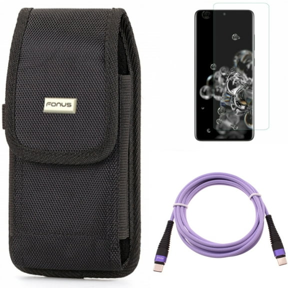 Purple 6ft PD Cable w Screen Protector w Case Belt Clip for Samsung Galaxy S20 Ultra - Type-C to USB-C Long Charger Cord Power, Tempered Glass [Fingerprint Unlock] 3D Curved fits Galaxy S20 Ultra