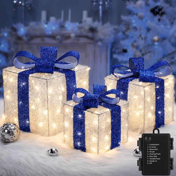 Set of 3 Light up Presents Christmas Decor,Fake Lighted Gift Boxes with 120 LED Warm White Lights, 8 Modes Battery Operated Christmas Decorations for Under Tree Indoor Outdoor Yard Porch, Blue