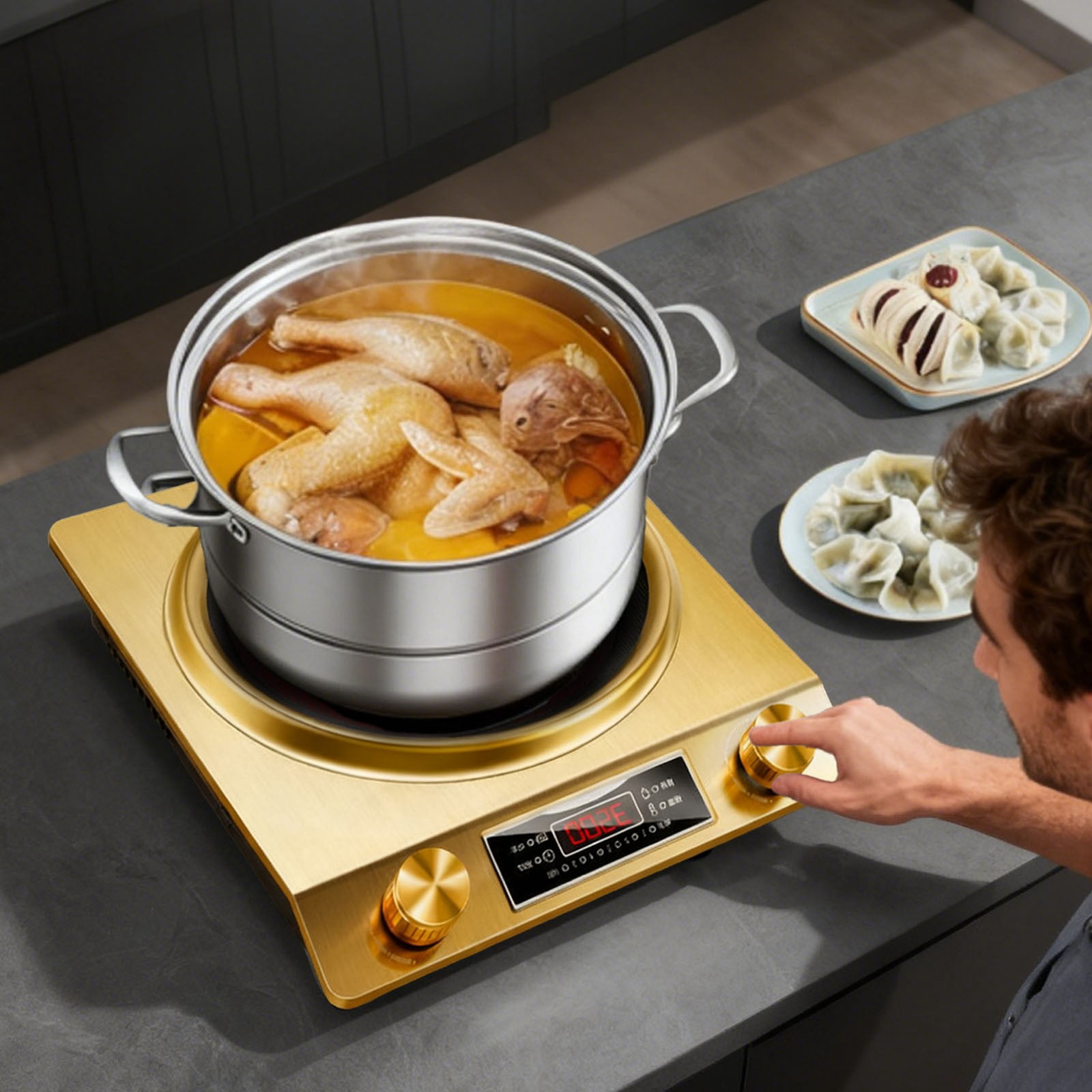 3500W Commercial Induction Cooktop - Portable Multifunctional Design with LCD Display, Knob Control, 10 Temp Settings & Concave Coil for Home/Restaurant/Food Truck,Gold