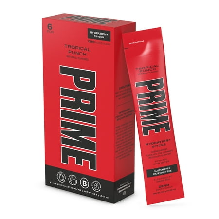 Prime Hydration Sticks, Tropical Punch, 6 Count, Electrolytes, Zero Sugar