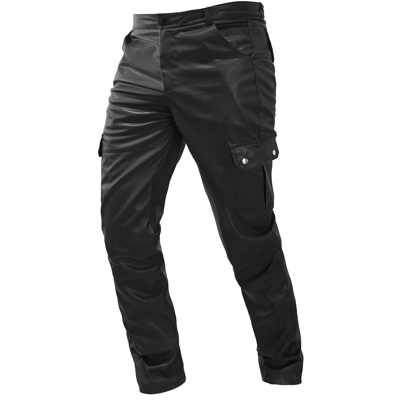 cllios Men's Faux Leather Pants Steampunk Goth Pants Multi Pockets Slim Fit Leather Pants Trousers for Men Motor Biker Hip Hop Trousers Black M