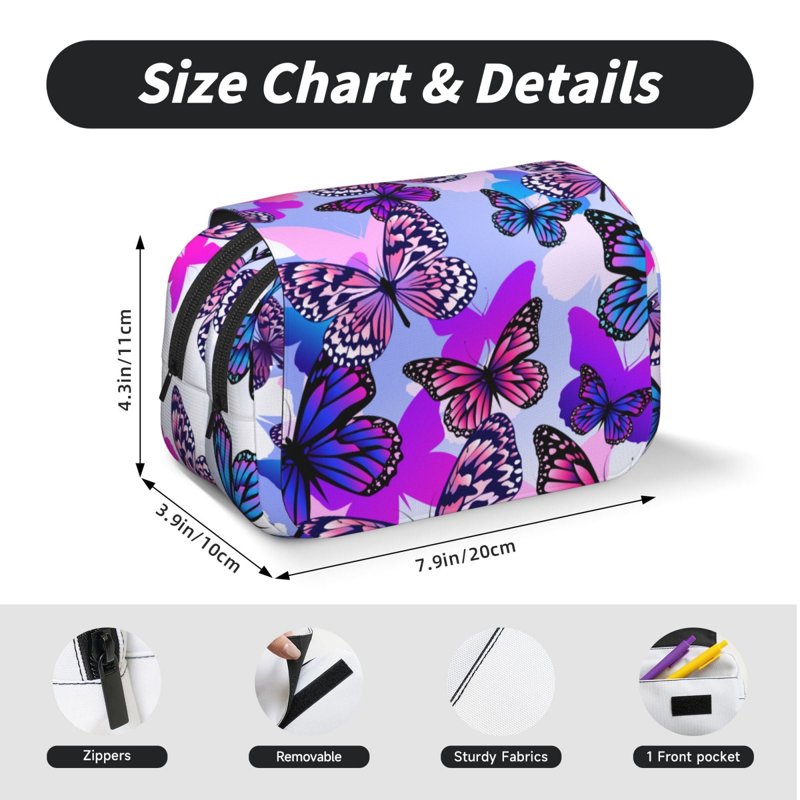 Rateoe Flying Butterflies Pattern Double Clamshell Pen Case, Storage Organizer with Two Zipper Compartments– Holds Up to 50 Pencils & Pens