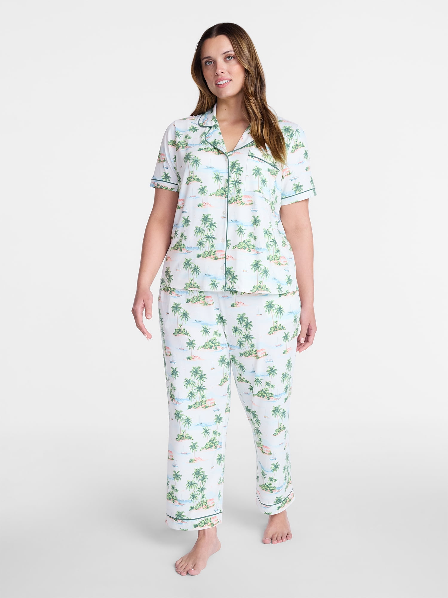 Joyspun Women's Dreamy Soft Collection Notch Collar Top and Capri Pants Pajama Set, 2-Piece, Sizes XS-3X
