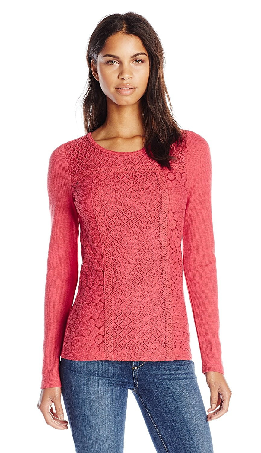 Lucky Brand - Lucky Brand Berry Red Mixed Lace Thermal Top Shirt ...