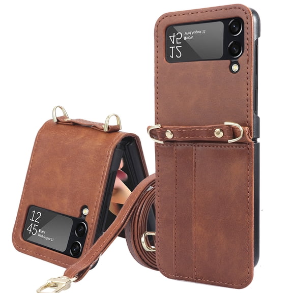 Wallet Case for Samsung Galaxy Z Flip 4, Pretty Card Package Cover Luxury PU Leather Hard PC Bumper Ultra-thin Protective with Long Shoulder Strap for Samsung Galaxy Z Flip 4 5G, Brown