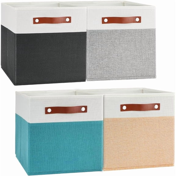 4Pack Fabric Cube Storage Bins, 12x12 Cube Canvas Storage Bins, Collapsible Storage Baskets with Leather Handles, Decorative Storage Boxes fo Organizing, Closet, Clothes, Shelves, Office