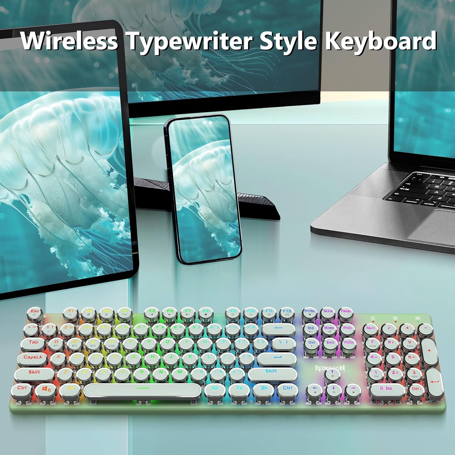 Wireless Typewriter Mechanical Gaming Keyboard, Bluetooth/2.4Ghz/Wired,Blue Switch - Clicky, Rechargeable, Solid Metal Panel, Round Keycaps, Green