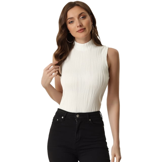 Camiseta sin mangas con cuello simulado para mujer, cuello alto, sin mangas, acanalado, top de punto blanco L