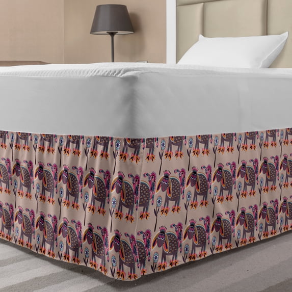 Ethnic Bed Skirt, Repetitive and Ukrainian Folktales Inspired Myth Elements Animal Illustration, Elastic Bedskirt Dust Ruffle Wrap Around for Bedding Decor, 4 Sizes, Multicolor, by Ambesonne