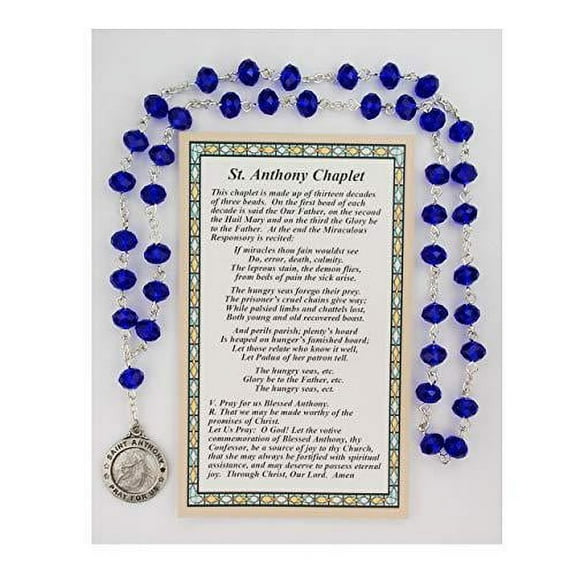 St Anthony Chaplet Blue Crystal Catholic Rosary w Prayer Card