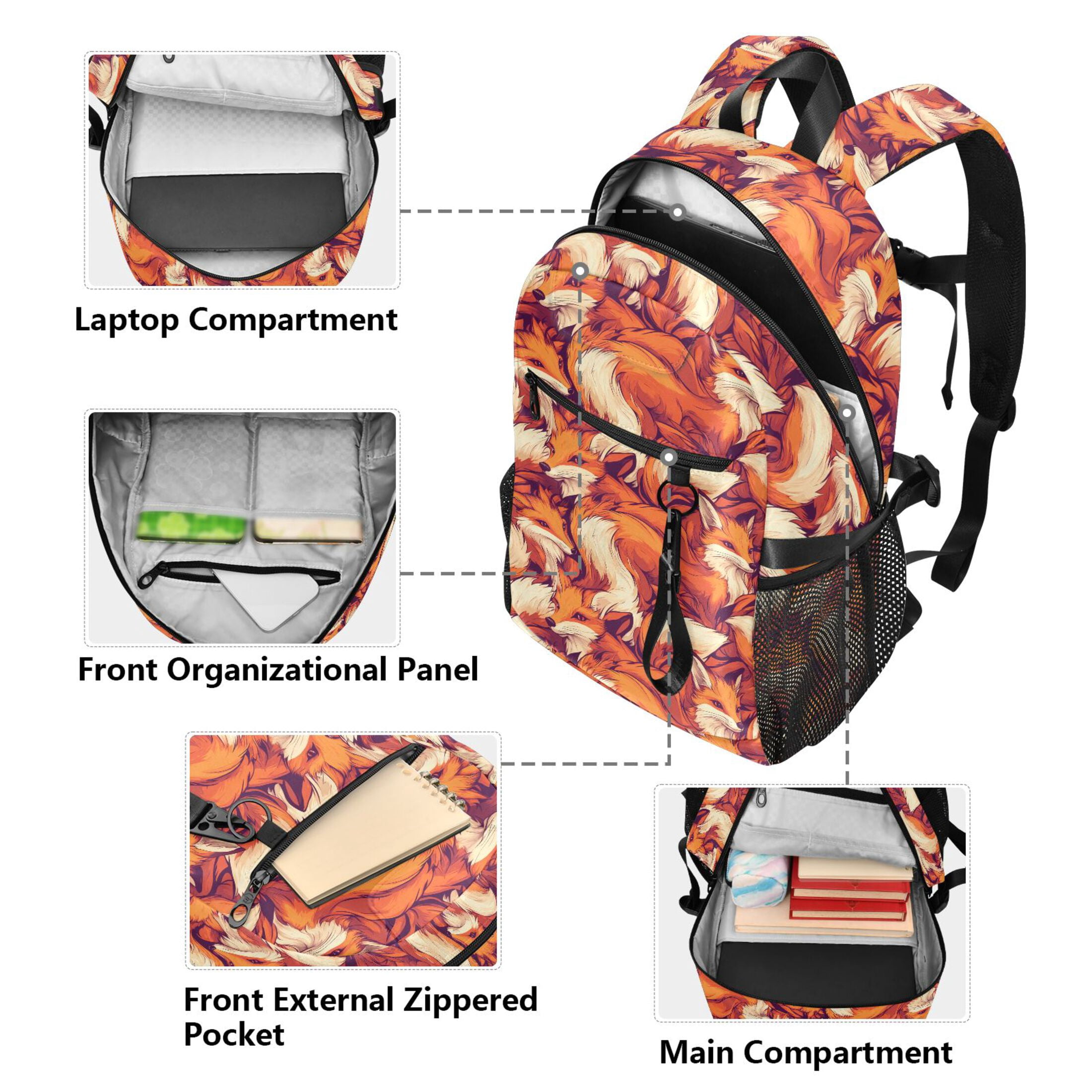 JIALIOU 14" Laptop Backpack Waterproof Airline Approved Stylish Casual Daypack for Travel Business College Work, Cartoon Foxes