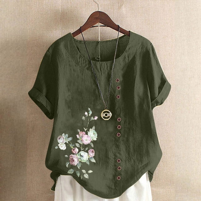 Fiudx Ofertas Del Día Blusa Informal y de Lino con Botones y Manga Corta Estampada para Mujer
