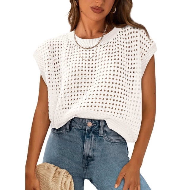 Top Prettygarden para mujer, primavera-verano, manga de ganchillo, color blanco