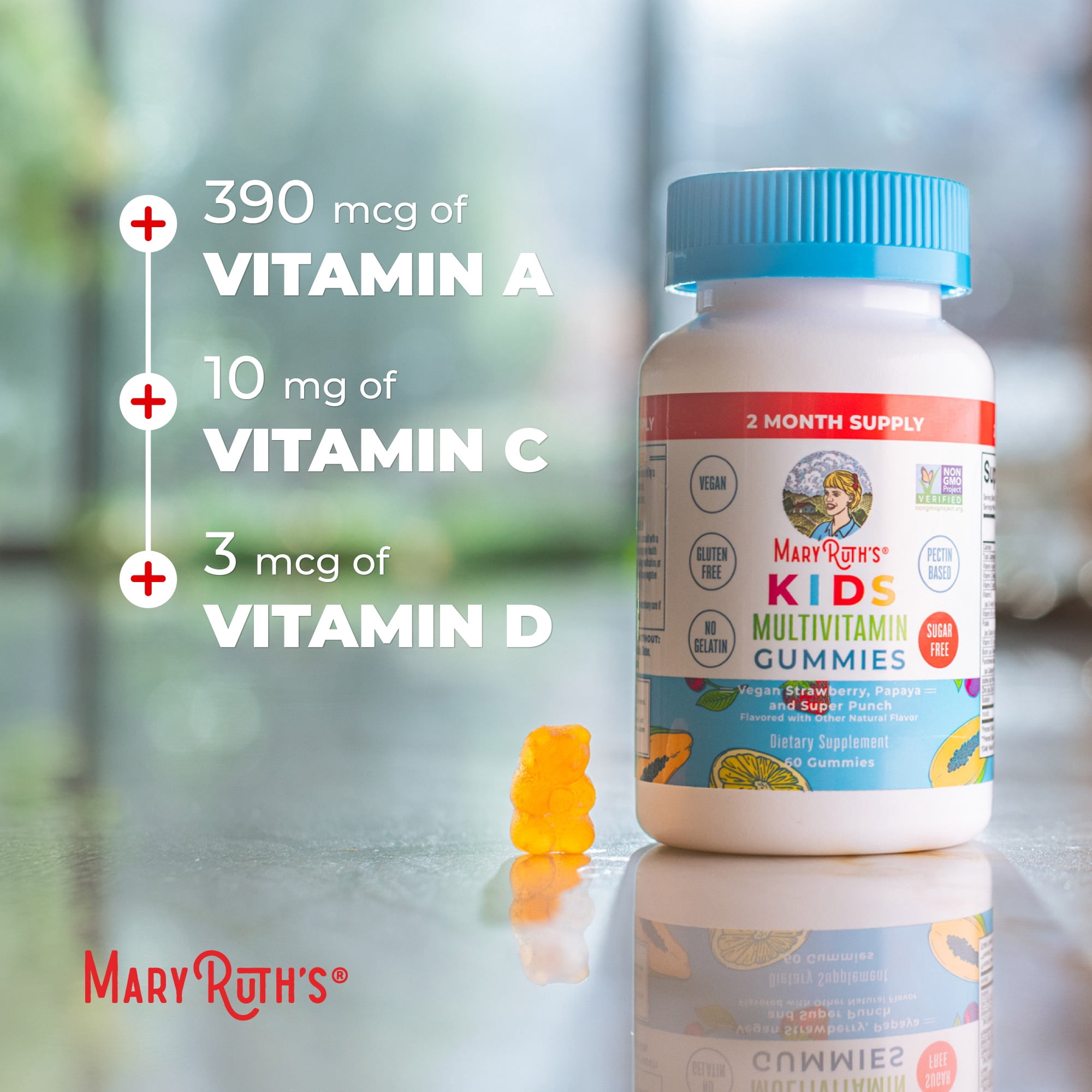 (3 pack) MaryRuth's Kids Multivitamin Gummies Strawberry Papaya Super Punch Gluten Free Vegan Unisex Ages 4+, 60 Count