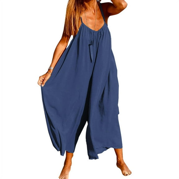 VONDA Women's Casual Sling Jumpsuit Wide Leg Pants Sleeveless Home Jumpsuits