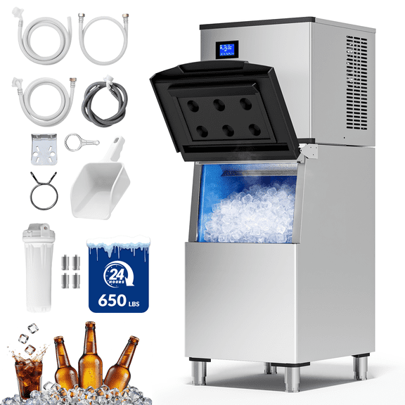 RIOXC Split Commercial Ice Maker Machine 650LBS/24H with 350lbs Ice Bin, Nugget Ice Makers Commercial, Clear Cube Pellet Ice Maker, Fast Ice Maker Ice-Ready in 8-15mins