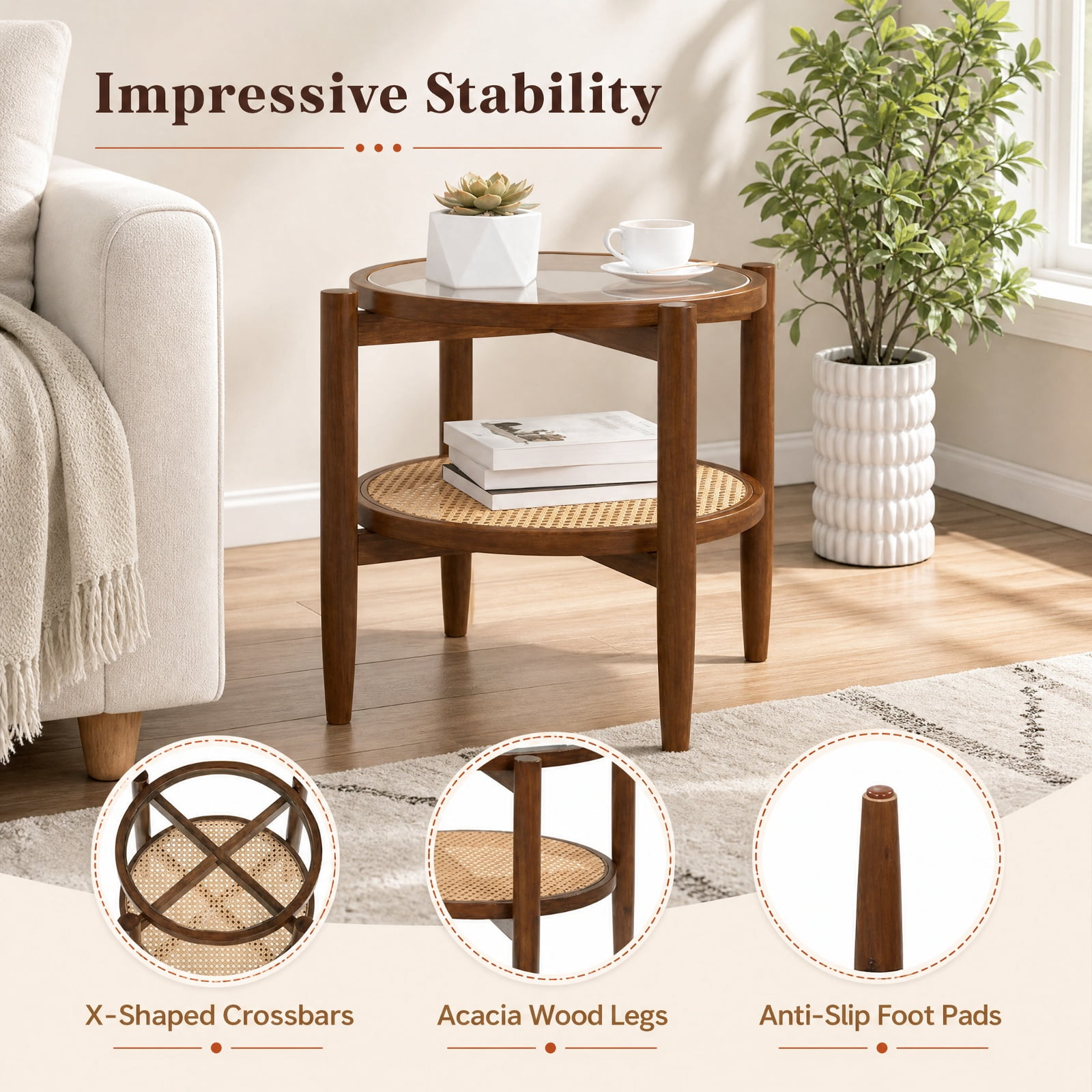 Furnibear Set of 2 Rattan Round Side End Table with Tempered Glass Top and Woven Shelf on Acacia Wood Legs for Living Room Bedroom, Walnut