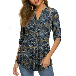 Chama Plus Size 3/4 Sleeve Blouse Shirts for Women V Neck Floral Tunic ...