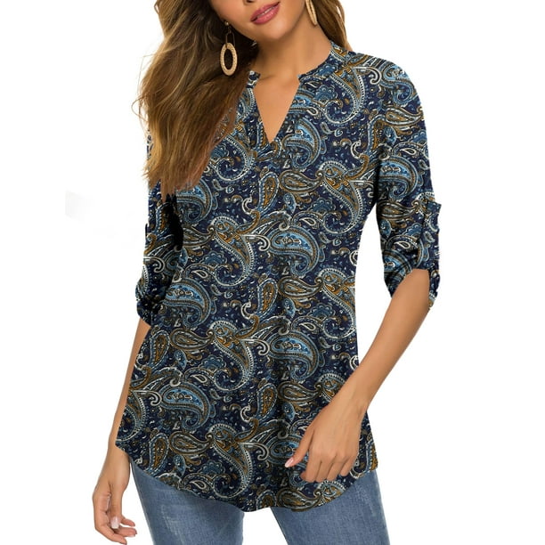 FOLUNSI Womens Tunic Tops 3/4 Roll Sleeve Floral Printed V Neck Blouses ...