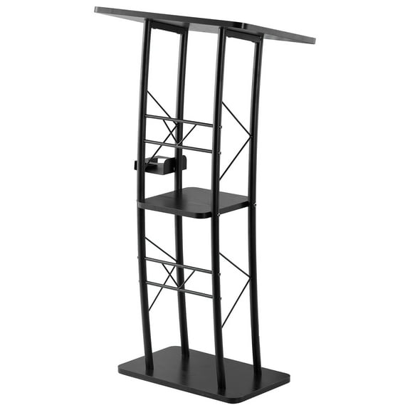 KFFKFF 47-Inch Metal Podium Stand with Curved Design, Spacious Reading Surface, Open Storage, Book Stopper, and Cup Holder for Events, Presentations, and Ceremonies