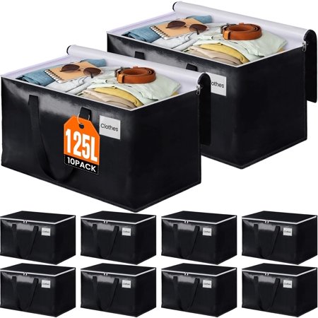 Moving Bags, Heavy Duty Moving Boxes with Zippers Top and Sturdy Handles, Storage Bags for Space Saving and Packing, Collapsible Moving Supplies, Storage Totes (125L, 10-Pack, Black)