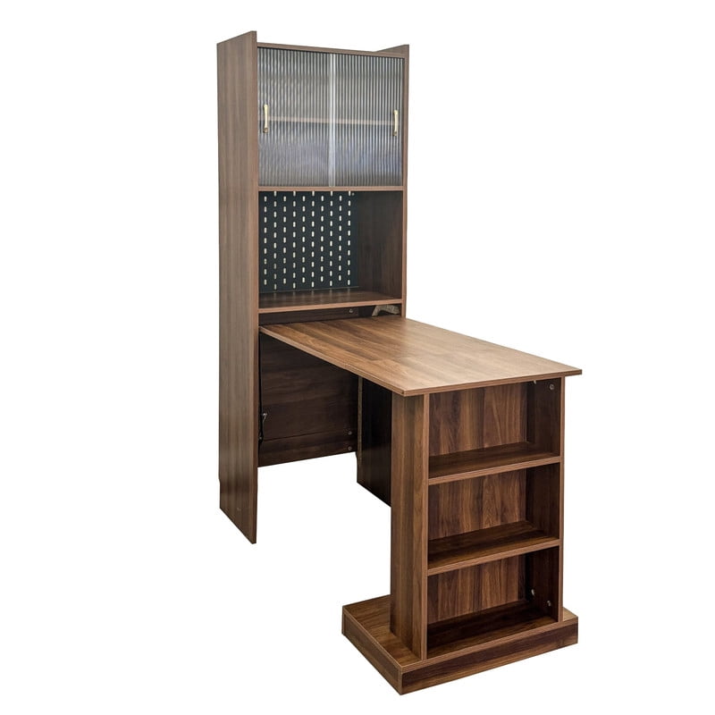 Foldable Computer Desk with 2 Sliding Glass Doors, Writing Study Table with Pegboard, Office Desk Workstation with Storage Shelves for Home Office