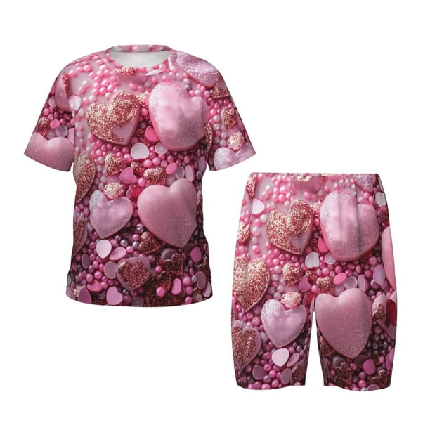 Balery Pink Glitter Heart Candy Conjunto de Pijama Infantil de Manga Corta con Estampado – Ropa de Dormir de Algodón Suave-Medium